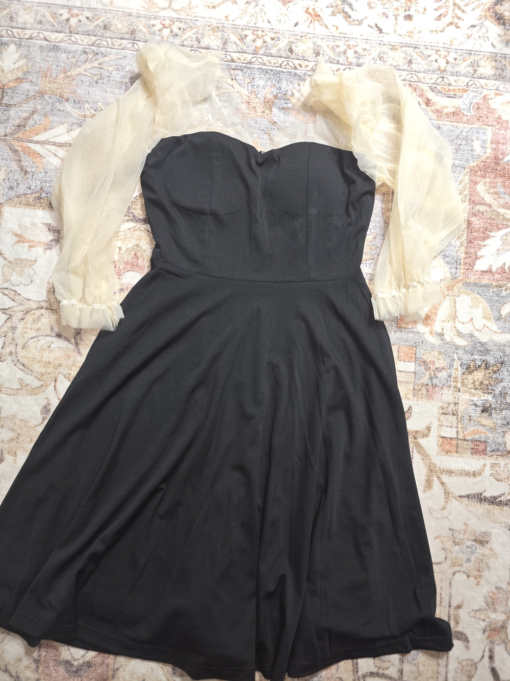 Black Cocktail Dress with Sheer Cream Sleeves
